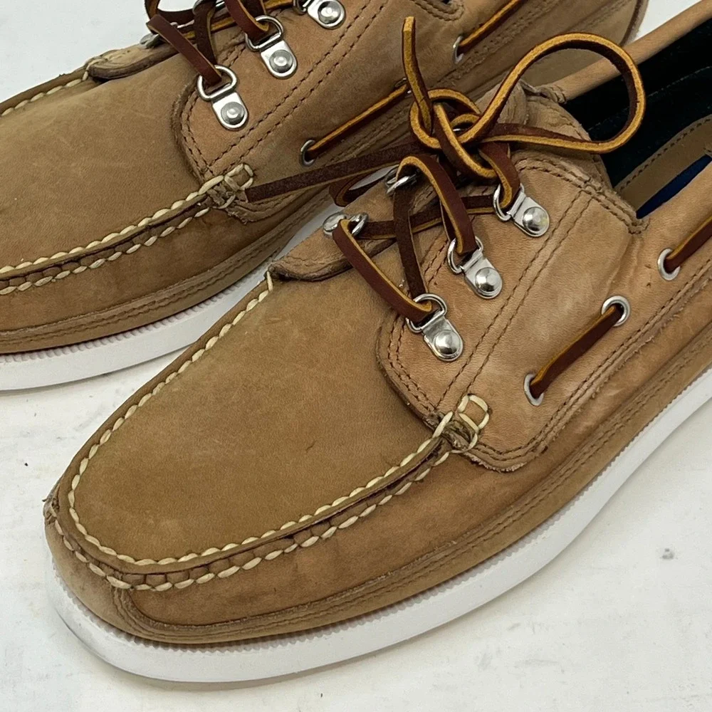 Polo Sport‎ Ralph Lauren Boat Shoes Tan Leather Moc Toe Beige Men's 10D VTG NEW